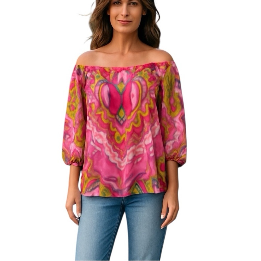 TIBI SILK COLD SHOULDER PINK GREEN PURPLE LONG SLEEVE SHEER CHIFFON TUNIC BLOUSE